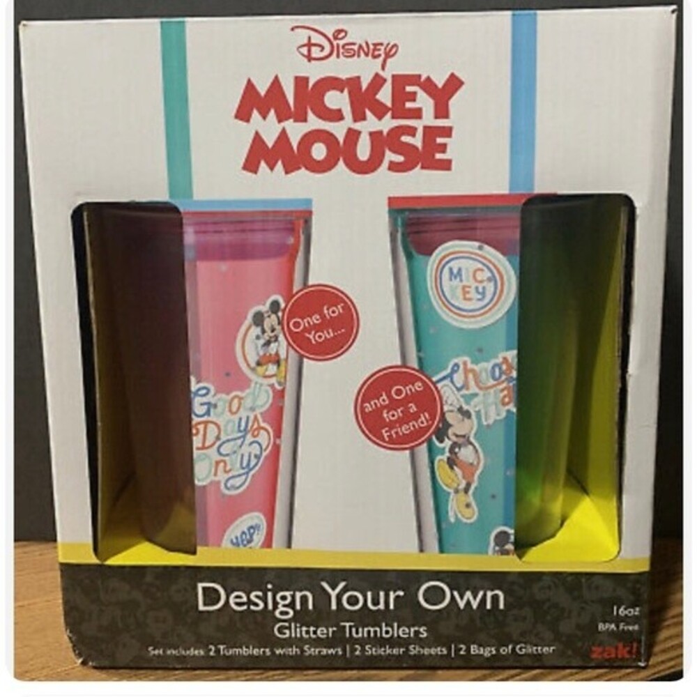 New Zak! Disney Mickey Mouse Design Your Own Glitter Tumbler Set of 2 ,16oz each